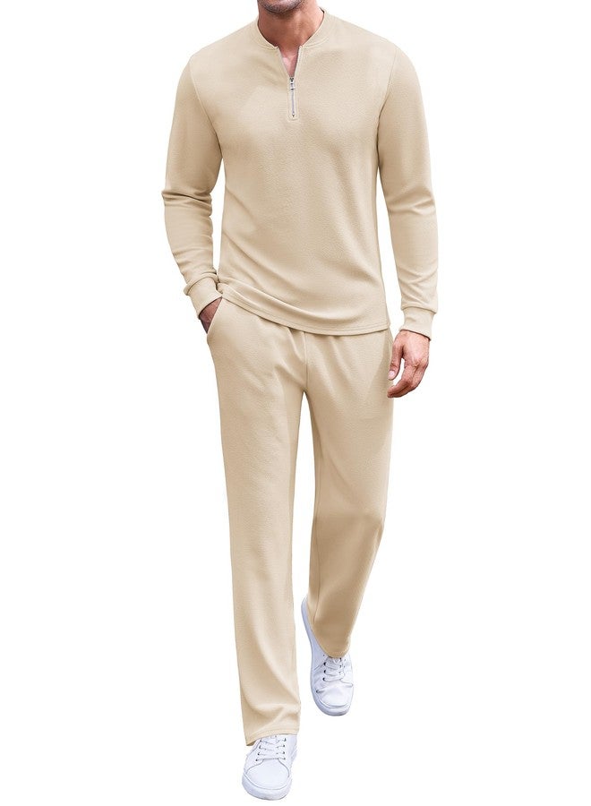 COOFANDY Men's Tracksuit 2 Piece Set Outfits Quarter Zip Polo Sweatsuit Athletic Long Sleeve Casual Sports Jogging Beige - Image 1